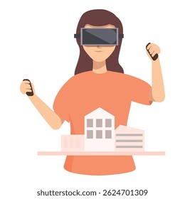 Fêmea ilustrada em fone de ouvido vr se envolve interativamente com um modelo de construção 3d