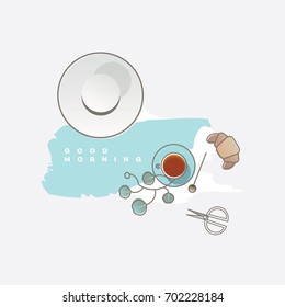 Illustrated feminine workspace in blue and white color palette with top perspective on women hat, tea cup, eucalyptus plant, scissors and croissant