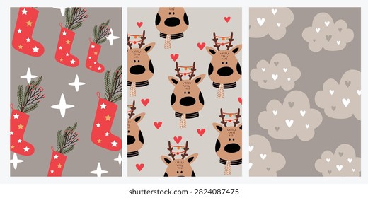 Illustrated festive patterns featuring stockings reindeer heads and cloud hearts on transparent background