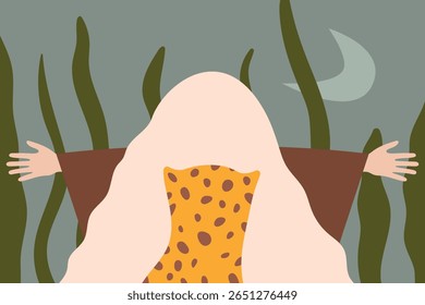 Figura ilustrada com braços bem abertos, abraçando a natureza em meio a plantas altas e ao fundo da lua crescente. Incorpora tons terrosos e padrões abstratos para uma vibração harmoniosa.