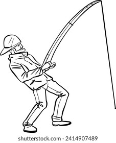 An illustrated fisherman in a yellow jacket and hard hat, struggling with a large catch

