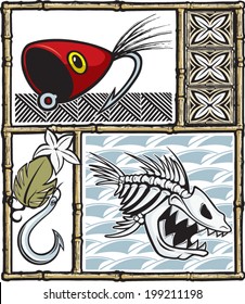 Illustrated fishing items with a Tiki theme. Layered vector file. / Tiki Fishing