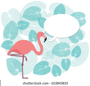 Illustrated flamingo with speech bubble on turquoise leaves