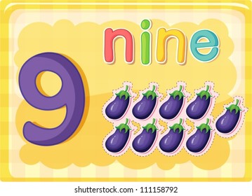 Illustrated flash card showing the number 9