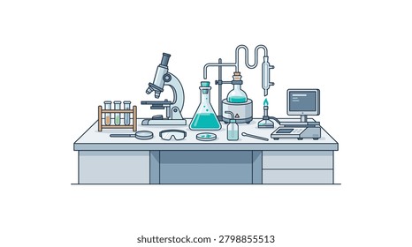 Illustrated flat design of a clean lab workspace featuring a microscope, test tubes, flask, computer, and chemical apparatus on a white desk.