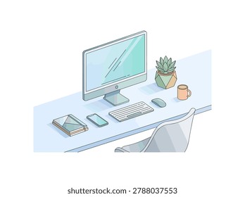 Illustrated flat design of a clean workspace featuring a monitor, keyboard, tablet, smartphone, mouse, mug, and plant on a desk.