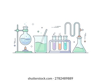 Illustrated flat design of essential chemistry lab equipment including flasks, beakers, test tubes, and a condenser setup.