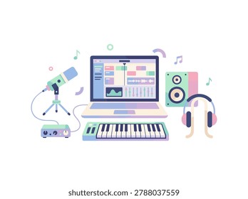 Illustrated flat design showing a home music studio with MIDI keyboard, computer, microphone, mixer, headphones, and speaker setup.
