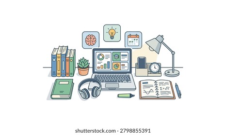 Illustrated flat design of a student workspace featuring a laptop displaying charts, books, notebook with math equations, headphones, calendar, brain icon, and a small desk plant.