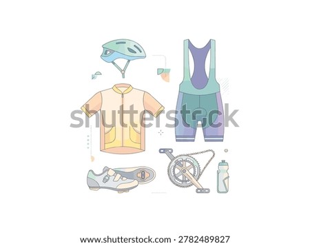 Illustrated flat lay of cycling attire including helmet, jersey, shorts, bike shoes, water bottle, and chainring