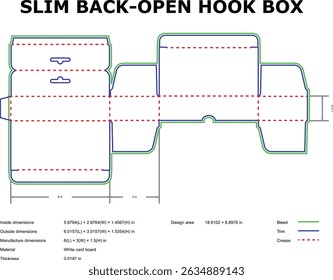 Diagrama de modelo plano ilustrado de um design de embalagem de caixa de gancho traseira-aberta fina