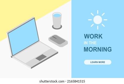 Illustrated flat vector of concept art about professional and freelance workday on morning with isometric laptop and elements for being information on office and business websites, marketing benefit