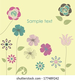 Illustrated floral background, template for design greeting cards, covers, invitations.  Flowers and place for text