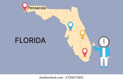 Mapa ilustrado del estado de Florida con ciudades destacadas y pines de ubicación en estilo de Vector plano.
