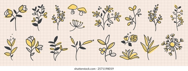 Illustrated flowers and plants in yellow and gray. Floral designs with various flowers and plants. Simple, elegant flowers and plants on grid background. Floral line art vector set.