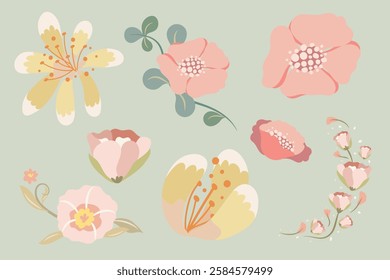 Illustrated flowers in soft pink and yellow tones on a green background. Floral designs include various petals and blossoms. Decorative flowers for design. Vector element set.