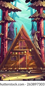 Illustrated Forest Hut Surrounded by Tall Trees