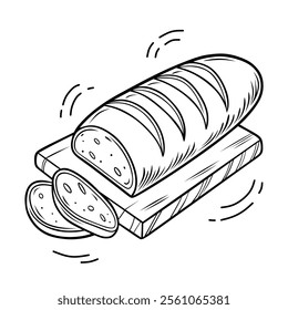 Illustrated Freshly Sliced Loaf of Bread on a Wooden Board.