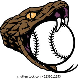 Illustrated full color snake head mascot with mouth open and fangs wrapped around a ball. Vector graphic design.