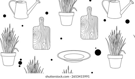 Illustrated garden tools plants and kitchenware pattern for crafting and decorating projects