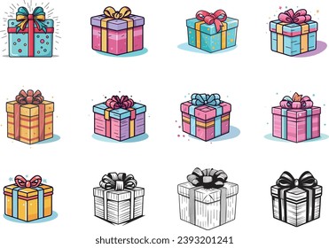 Illustrated gift boxes, Festive presents, Vibrant ribbon illustrations, Holiday gift vectors, Birthday present graphics, Colorful gift wrap art, Stylized gift icons, Decorative box designs, Party favo