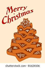 illustrated gingerbread christmas tree made from gingerbread stars - vintage