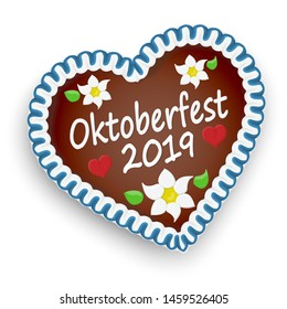 illustrated gingerbread heart with text Oktoberfest 2019 and red hearts and german Edelweiss flowers