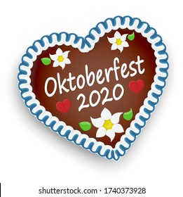 bebildertes Lebkuchenherz mit Text Oktoberfest 2020 und Rotherzen und Edelweiss Blumen