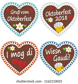 illustrated gingerbread hearts with text in german for Oktoberfest 2018 time