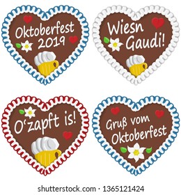 illustrated gingerbread hearts with text in german for Oktoberfest 2019 2020 time