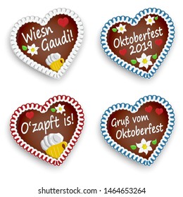 illustrated gingerbread hearts with text it is tapped, greetings from Oktoberfest, meadow fun (in german) for Oktoberfest 2019 2020 time