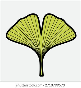 Hoja de ginkgo ilustrada con contornos negros y llamativos y un vibrante color verde sobre un fondo claro.