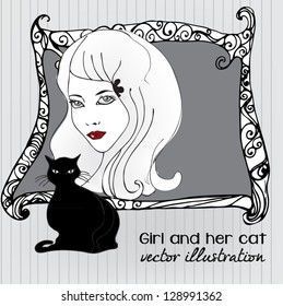 illustrated girl with a cat- vector illustration