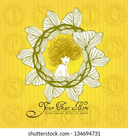 illustrated girl in a flower girdle - vector illustration