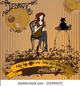 illustrated girl sitting and drinking coffee - vector illustration