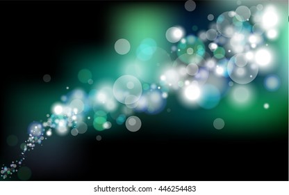 Illustrated glittering star bokeh in green galaxy with gradient color on black background 