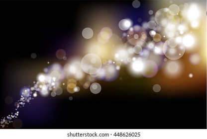 Illustrated glittering star bokeh in orange and purple galaxy with gradient color on black background 