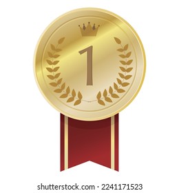 Illustrated of gold, medals with red ribbons with gold lines.