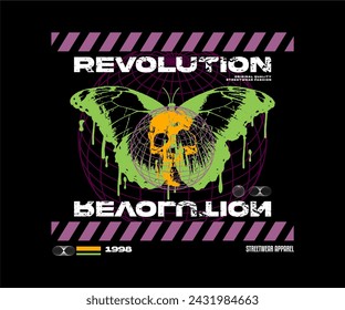 Illustrated Graffiti T Shirt Print Featuring a Butterfly dripping with slogan revolution urban design