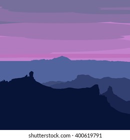 illustrated Gran Canaria - view after sunset from Pico de Las Nieves, Roque Nublo, Roque Bentayga and Teide on Tenerife visible