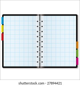 Illustrated graph paper in a note book with colored tabs