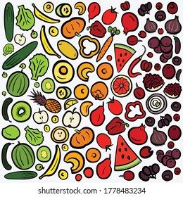 Conjunto gráfico ilustrado de verduras sobre fondo blanco, vector colorido con líneas negras para fondo o multipropósito