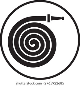 Illustrated graphics of firefighting tools, featuring a red-handled rescue axe and a coiled fire hose (fire line) inside a circular border.