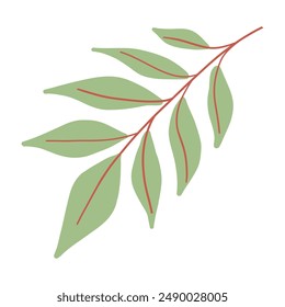 Illustrated green leaf branch with red veins, botanical design on white background, minimalistic.