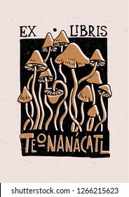 Illustrated greeting card with psychedelic mushrooms. Can be used as a stamp on clothing, postage stamp, cover