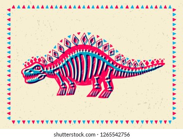 Illustrated greeting card with a stylized dinosaur. Linocut. Can be used as a stamp on clothing, postage stamp, pattern on clothes