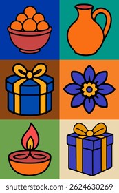 Illustrated grid of Diwali-themed objects in flat cartoon style including festive gifts, bowls of sweets, flower decorations, diya lamps and an orange clay pitcher on bright color backgrounds.