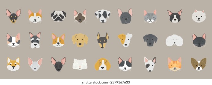 Illustrated grid of various dog and cat faces, featuring diverse breeds and colors. Cute and playful pet illustrations on a neutral background. Animal illustrations, isolated element vector set.