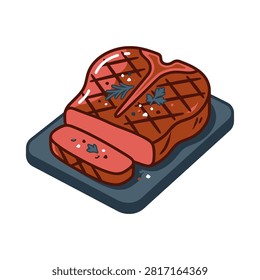 Illustrated grilled steak with herbs on a blue cutting board