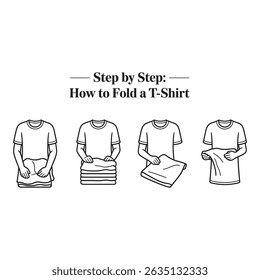 Illustrated guide showing steps for neatly folding a tshirt. Clear line art on white background simplifies folding.